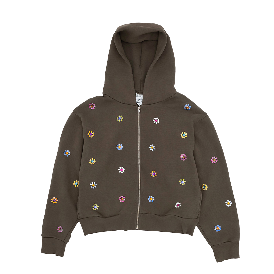 Gross™ Army Green Frozen Flowers Zip- Up Hoodie