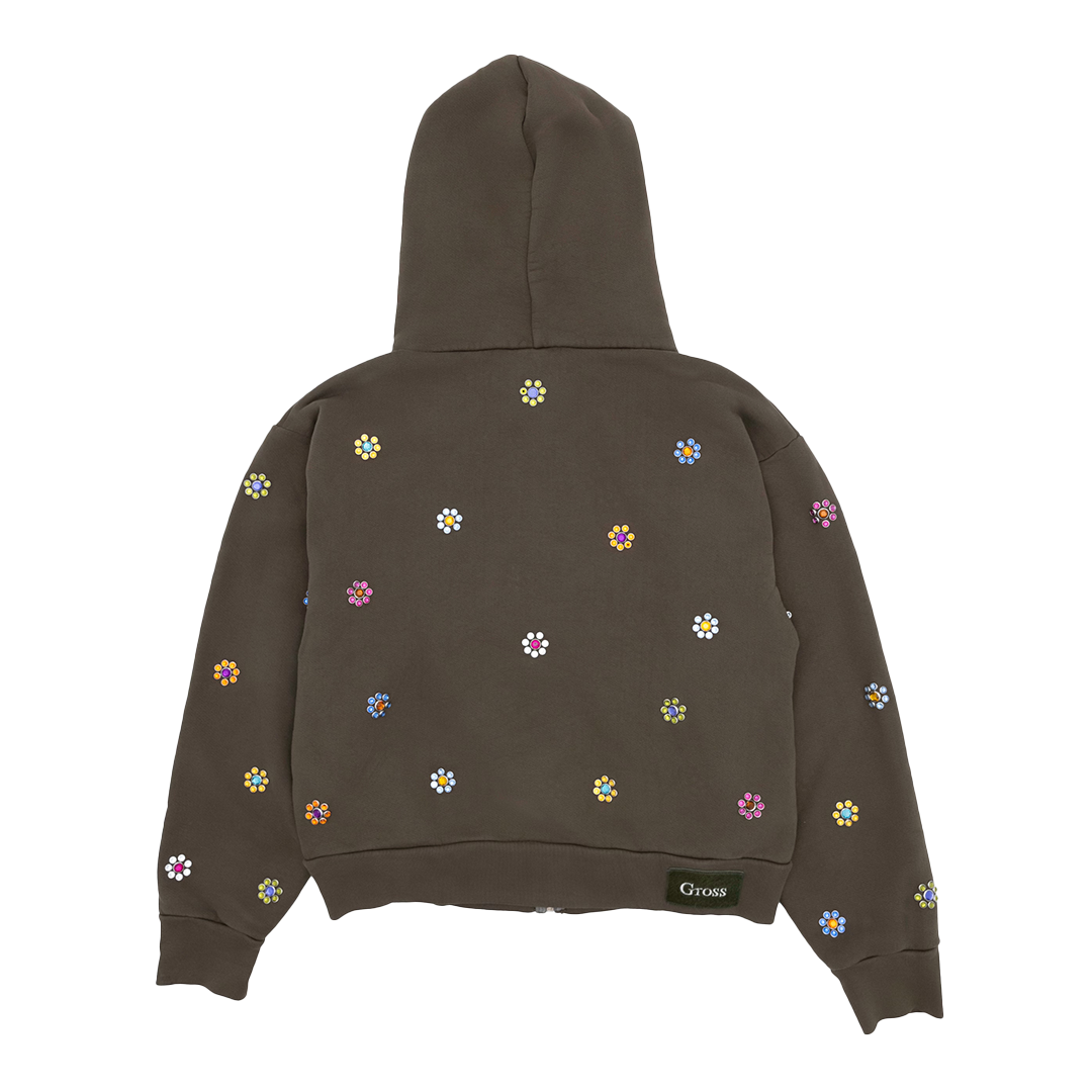 Gross™ Army Green Frozen Flowers Zip- Up Hoodie